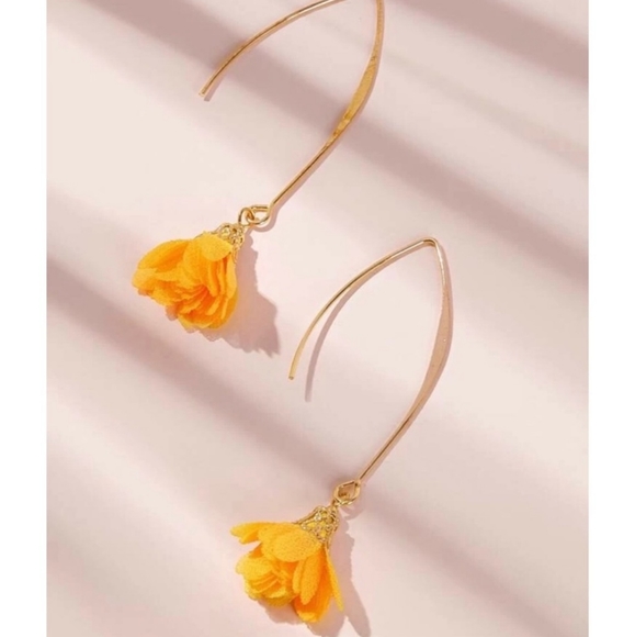 Drop Dangling Golden Yellow Flower Earrings - Picture 2 of 5